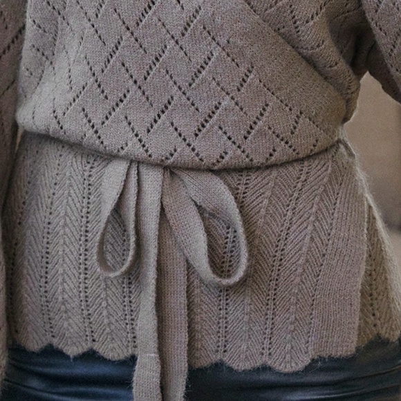 Mocha Brown Wrap Cardigan Long Lantern Sleeve Ties - Picture 8 of 10